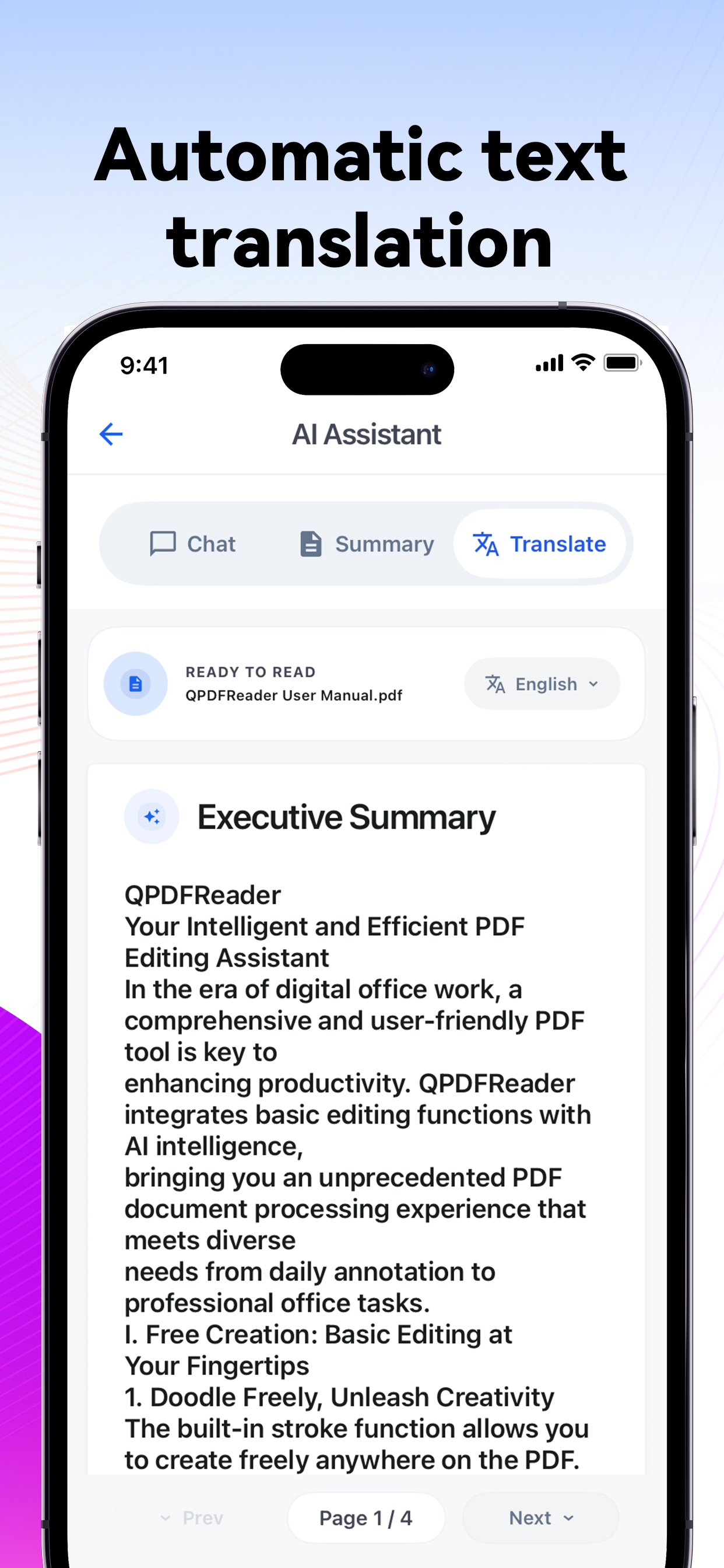 QPdfReader automatic text translation preview